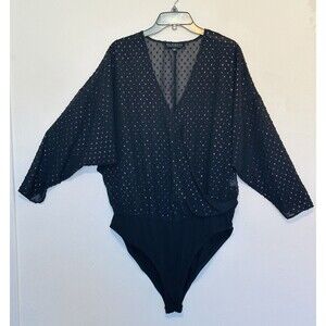 Eloquii Size 16 Black Sheer Shimmering Swiss Dot Long Sleeve Bodysuit Feminine